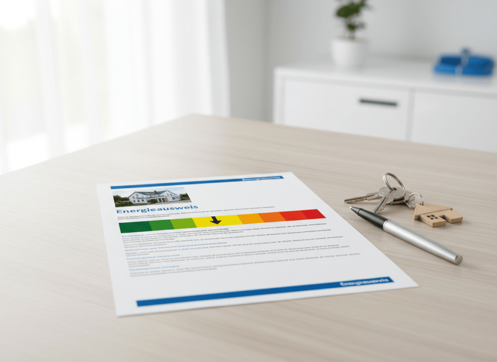 Energieausweis für ein Wohngebäude mit farbiger Effizienzskala